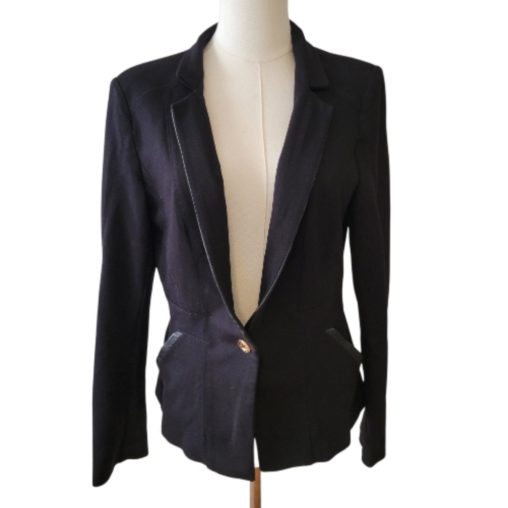WHBM Black One Button Faux‎ Leather Trim Blazer Jacket Size 12